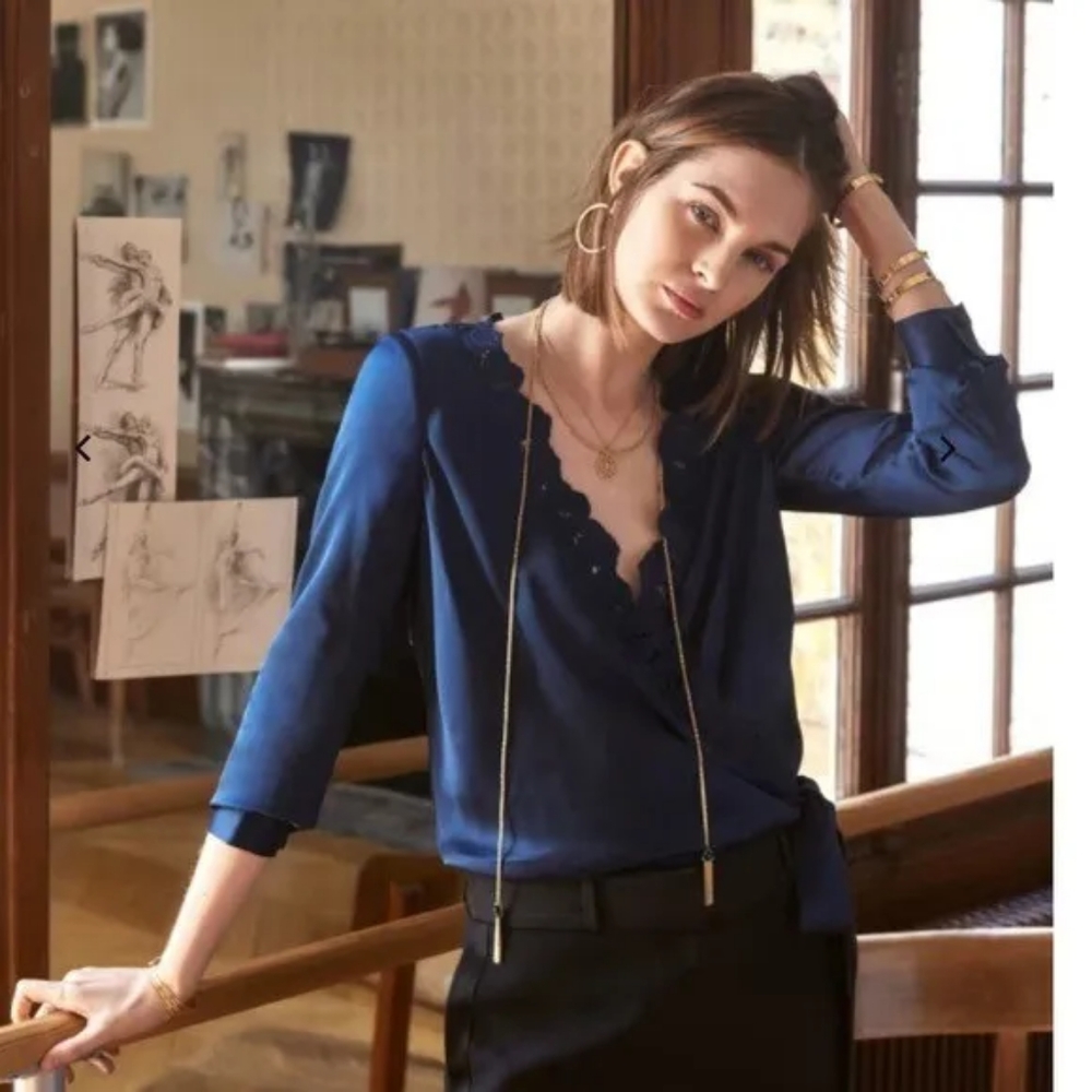 Sezane navy silk Elina blouse